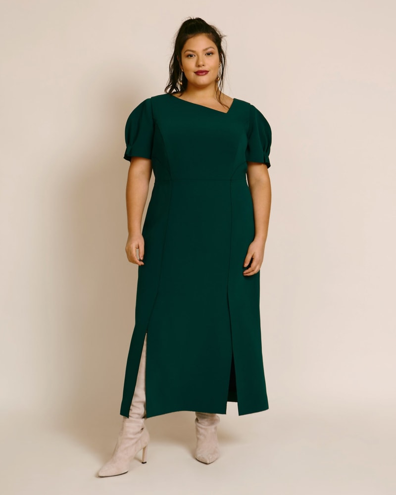 Front of a model wearing a size 20 Compact Crepe Structured Sheath Dress in Forest Green by Jason Wu Collection. | dia_product_style_image_id:227176